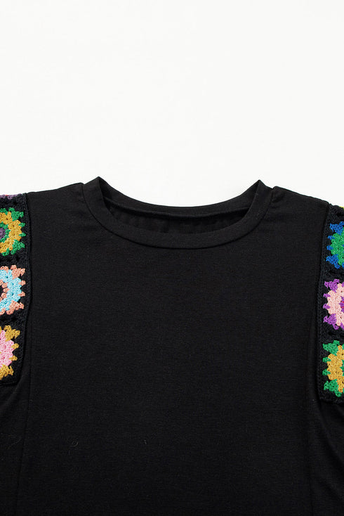 Black Floral Crochet Patched Sleeve Crew Neck Casual Tank Top